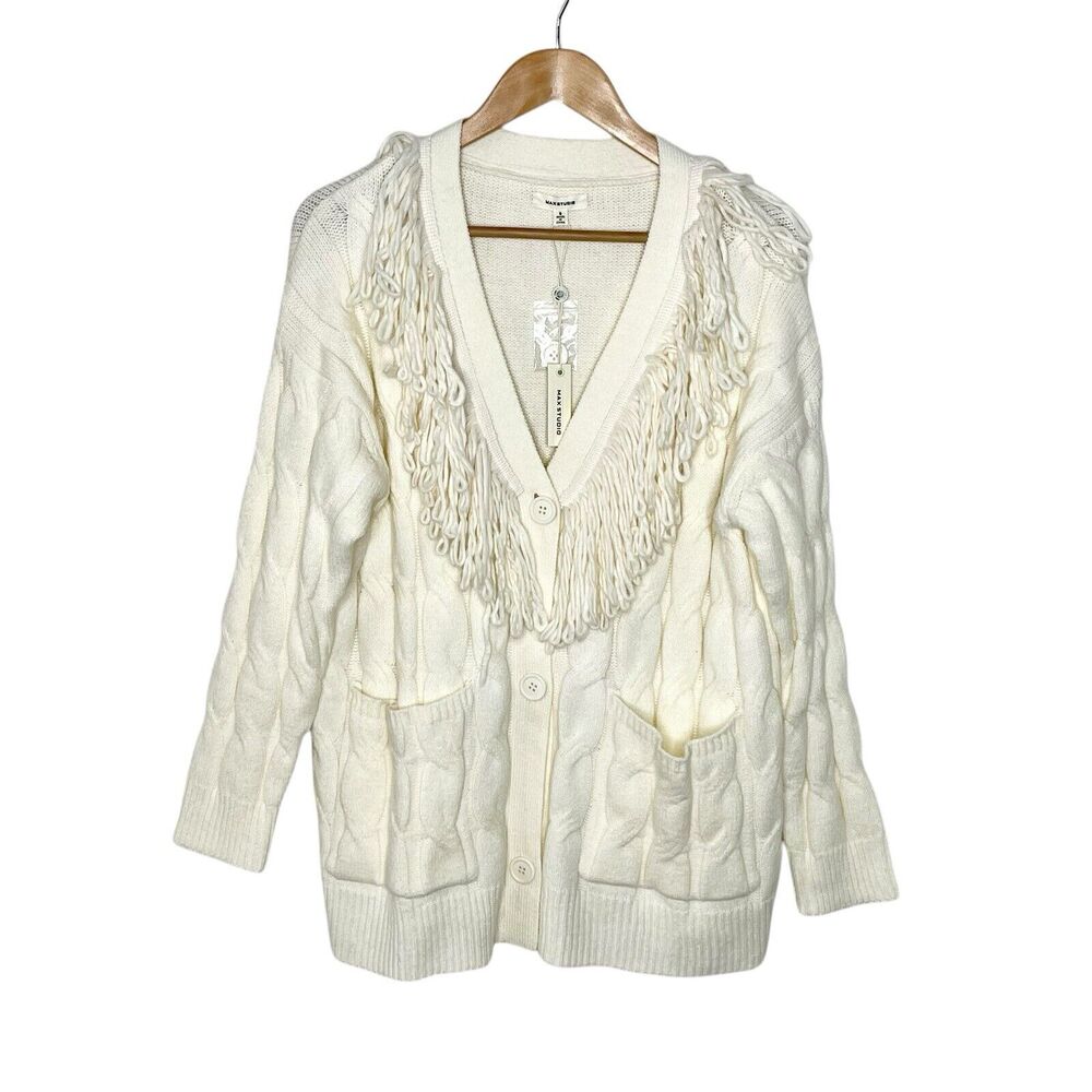 Max Studio Fringe Cable Knit Cardigan Sweater Cream Womens Small Button up